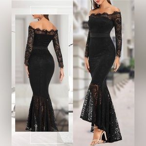 LALAGEN Women's Black Floral Lace Long Sleeve Off Shoulder Mermaid Dress- XXL